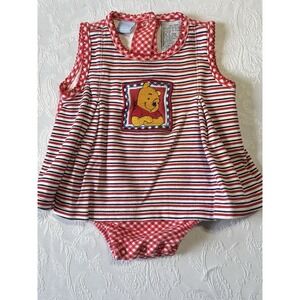 Vintage Winnie‎ The Pooh Overall Romper Dress Size 0-3 M Disney Embroidered